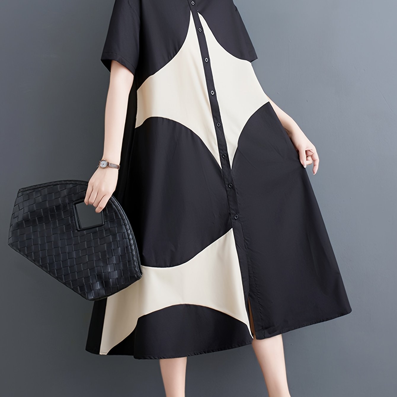 Japanese-Inspired Casual Chic Geometric Print A-Line Dress - Black & White Contrast, Relaxed Fit Long Sleeve, Button Detail,