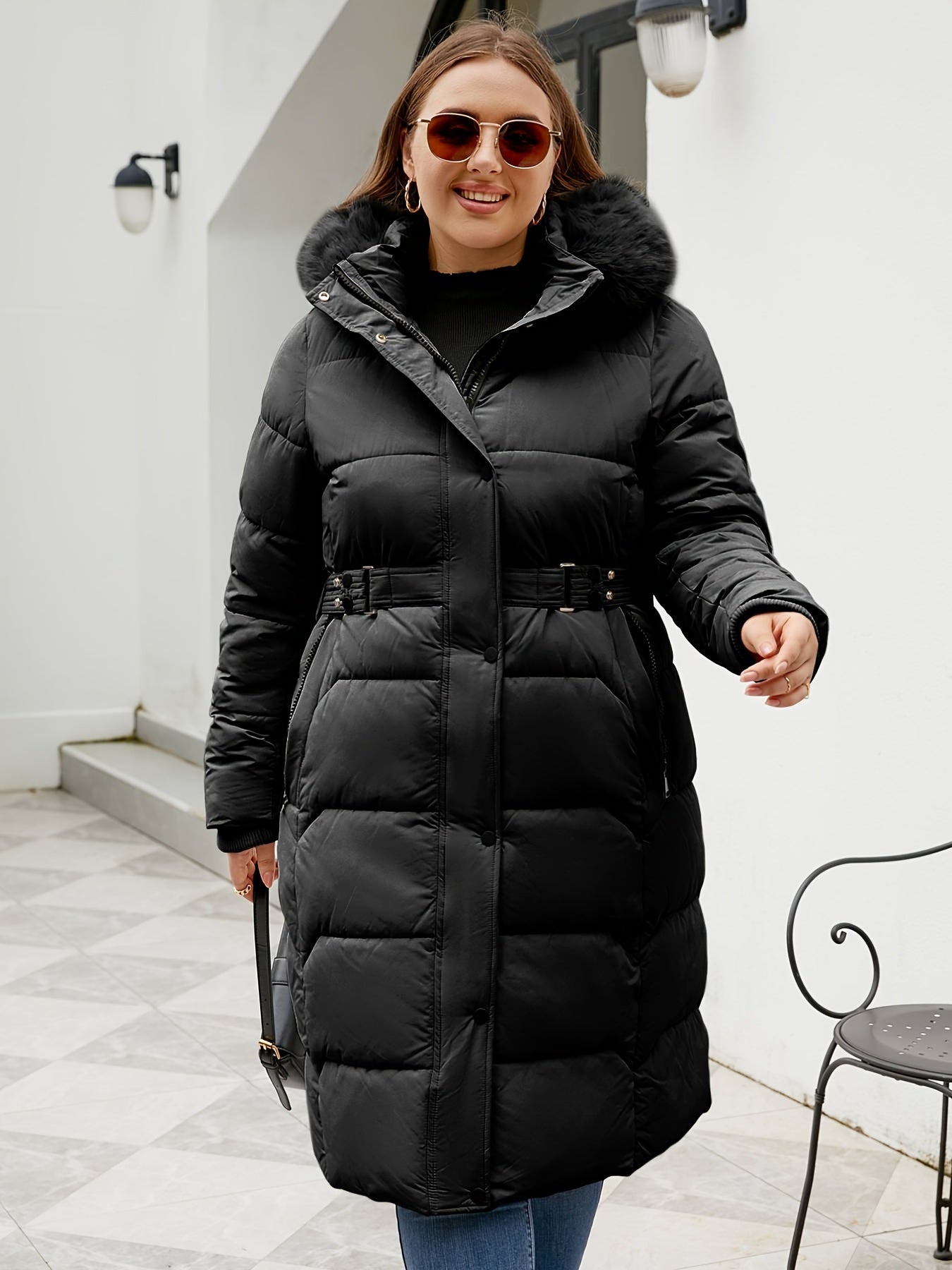 Elegant Winter Coat Elegant Women's Plus Size Winter Coat | Hooded Mid-Length Trench Coat with Belted Waist & Side Pockets, 100% Polyester, Black, Hand Wash Only for Autumn Winter Casual & Formal Outfits