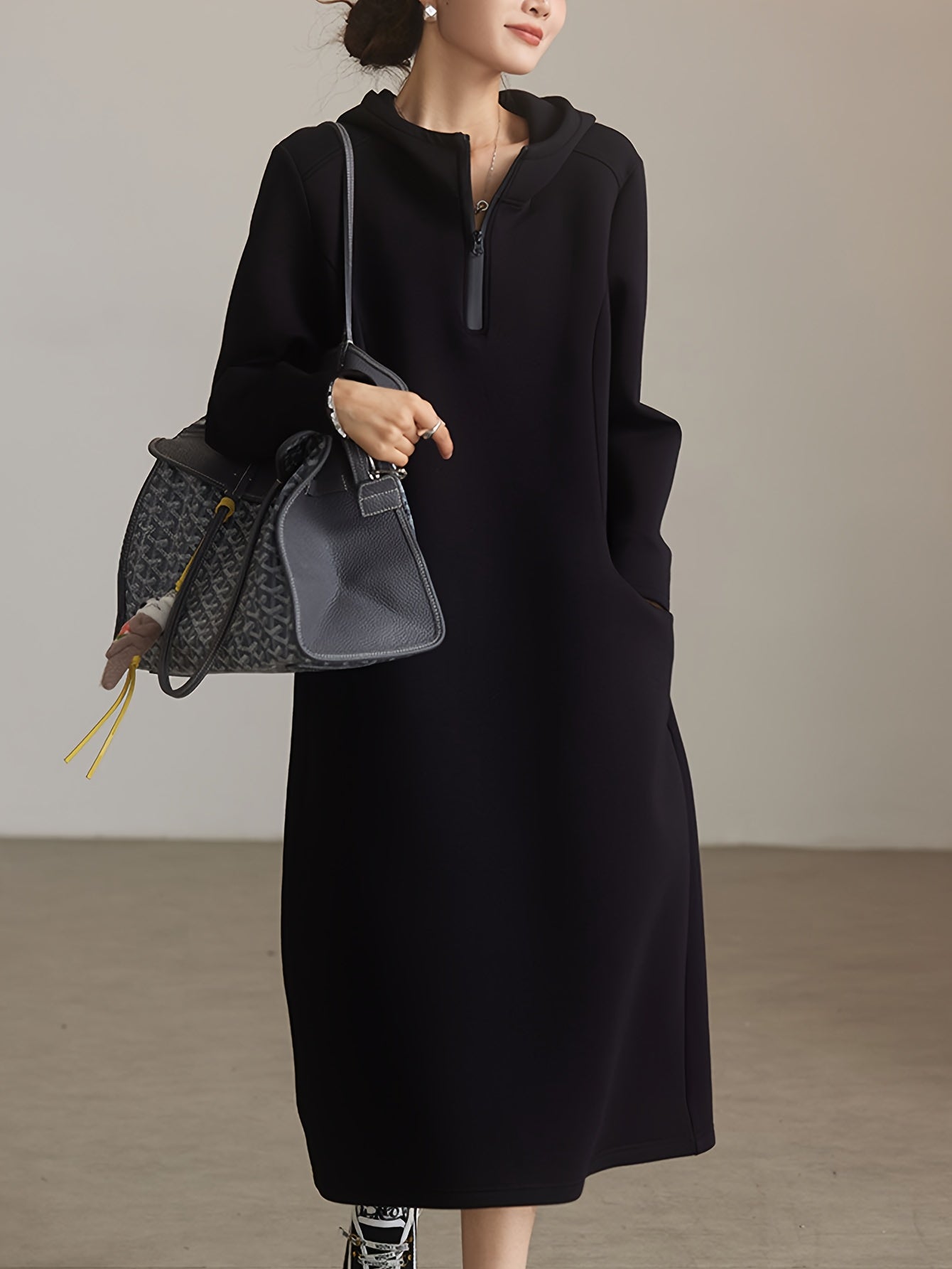 Plus Size, Casual Hooded Black Dress for Women - 2025 New Arrival Loose Fit Long Skirt European Style Plus Size Clothing