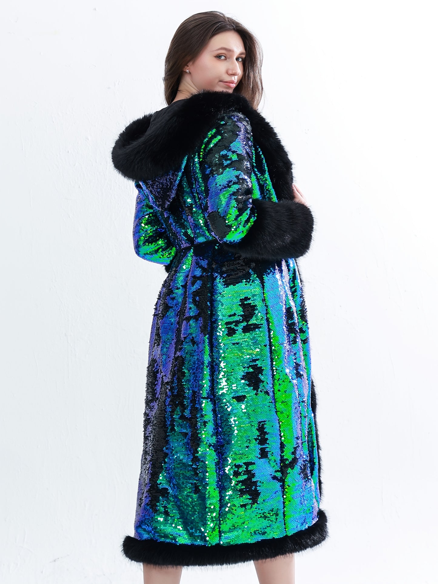 Elegant Sequin Hooded Coat Plus Size Elegant Gradient Green & Black Sequin Hooded Coat - Long Sleeve Winter Coat with Pockets, X-Line Silhouette for Autumn\u002FWinter