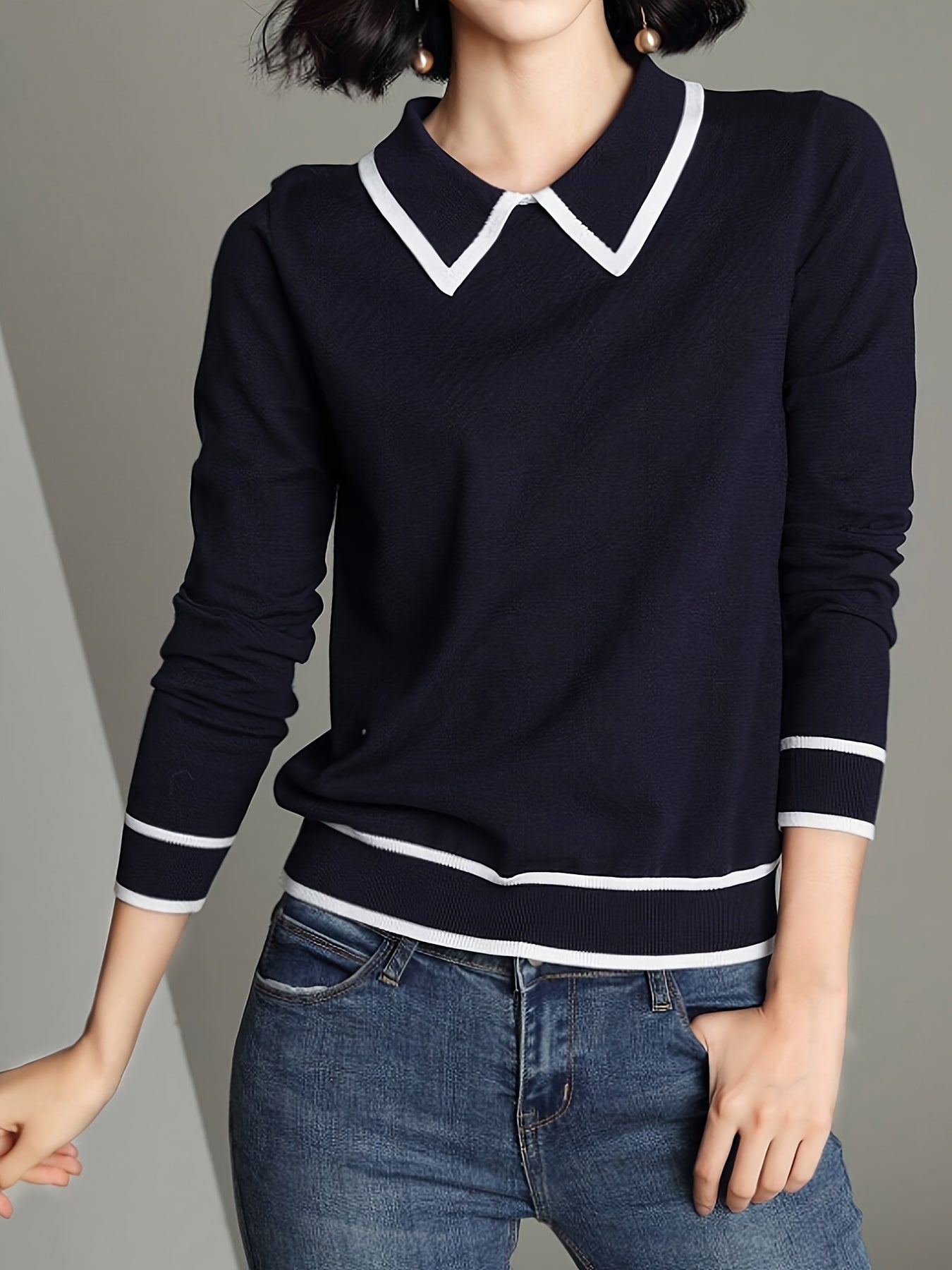 Women's Contrast Trim Casual Sweater - Light Blue & White Contrast Collar & Sleeve Trim, High Elasticity Sleeve Pullover,