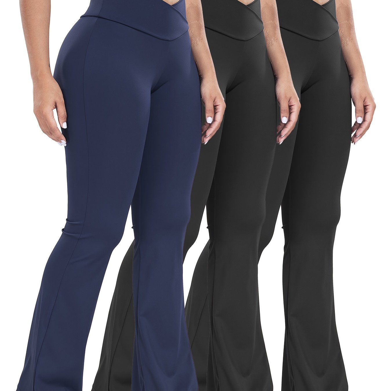 Stretchy 3-Pack High-Waisted Yoga Pants - Cross Waistband Flare Leg Sports Tights with Tummy Control and Butt Lifting