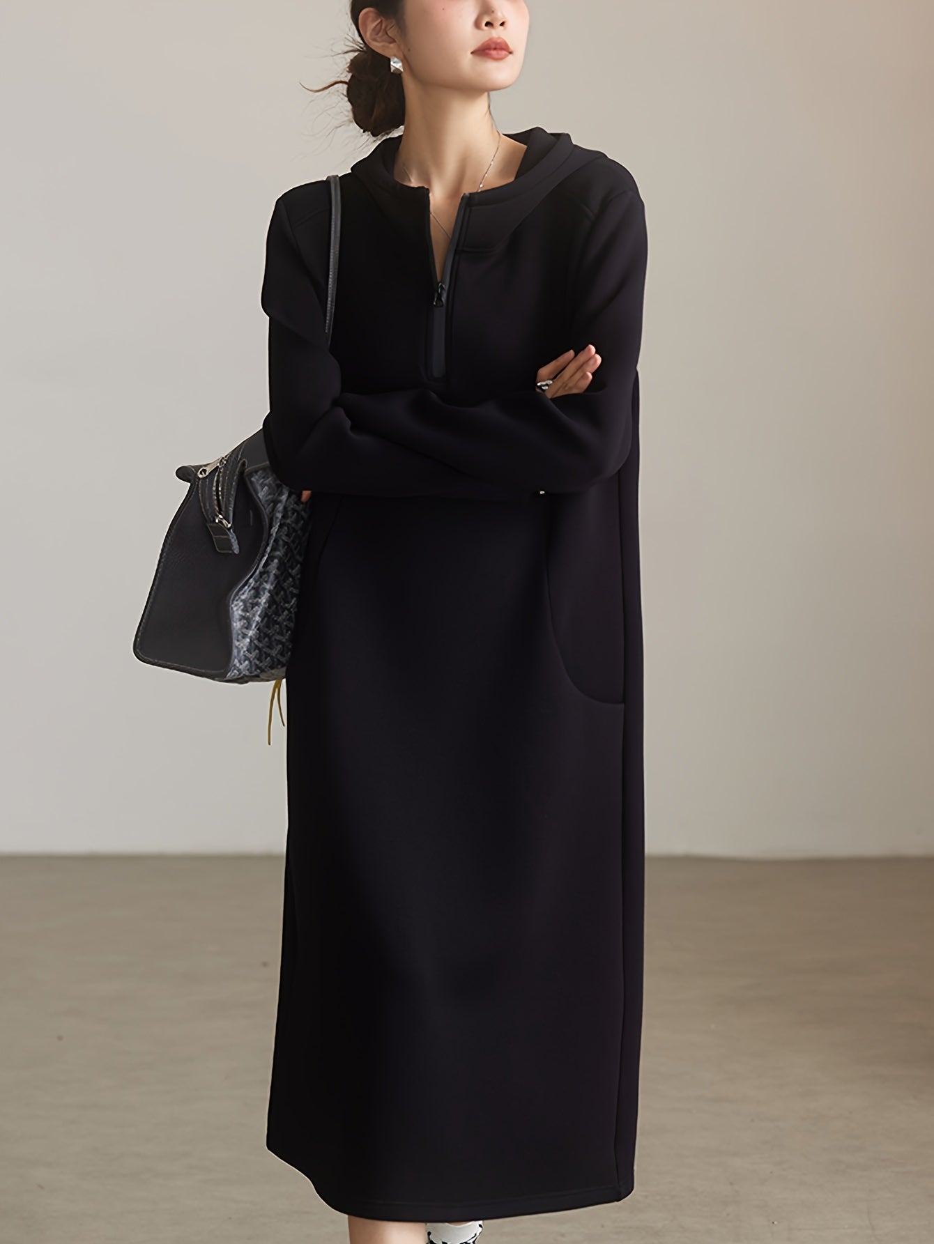 Plus Size, Casual Hooded Black Dress for Women - 2025 New Arrival Loose Fit Long Skirt European Style Plus Size Clothing