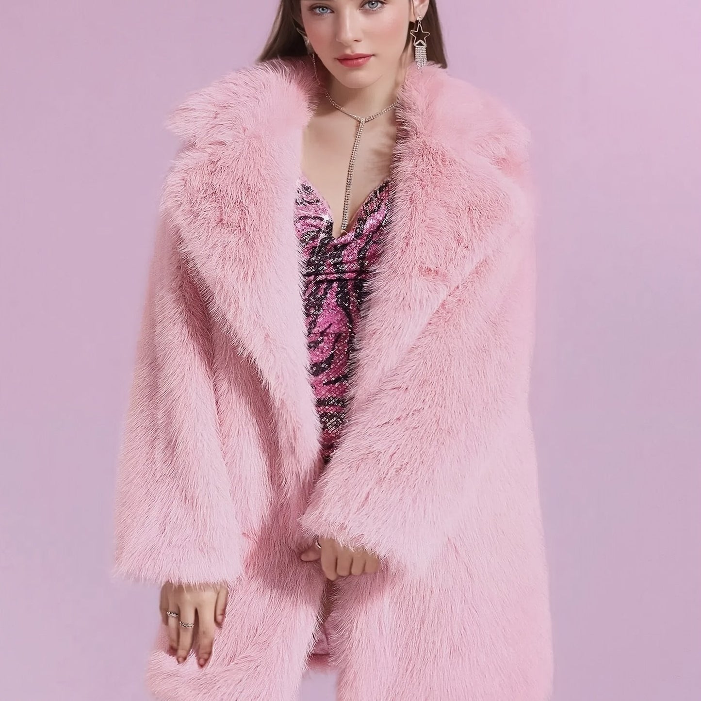 Women'S Plus Size Faux Fur Coat - Stylish Pink, Long Sleeve, Mid-Length, Flannel-Lined, Warm & Cozy Winter Coat with Pockets, Elegant Lapel Collar, Perfect for Commuting & Casual Attire, Winter Coat | Stylish Winter Coat | Faux Fur Lined Coat