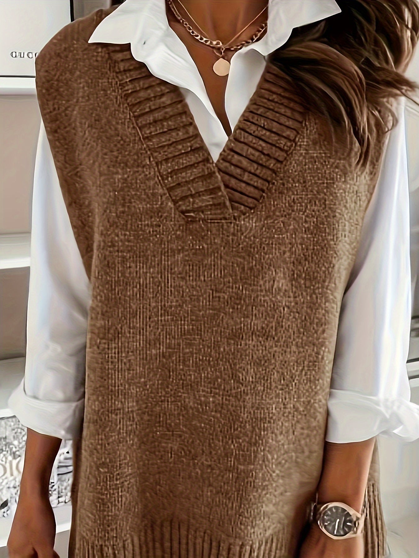 2023 Women's Casual Loose V-Neck Sweater Vest - Medium Stretch Solid Color, No Blouse Needed,