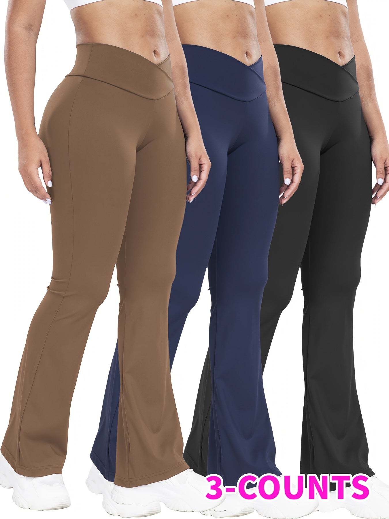 Stretchy 3-Pack High-Waisted Yoga Pants - Cross Waistband Flare Leg Sports Tights with Tummy Control and Butt Lifting