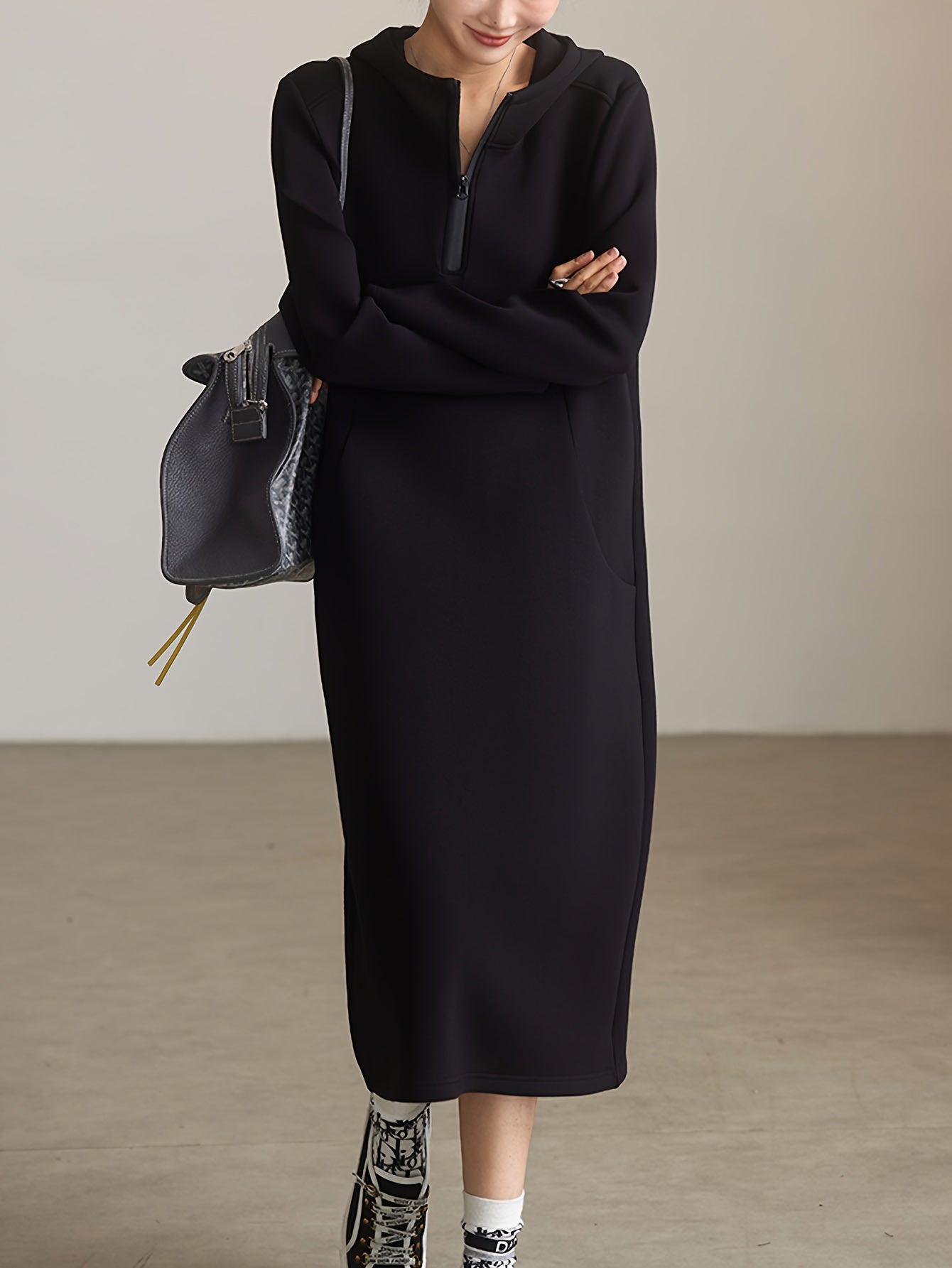 Plus Size, Casual Hooded Black Dress for Women - 2025 New Arrival Loose Fit Long Skirt European Style Plus Size Clothing