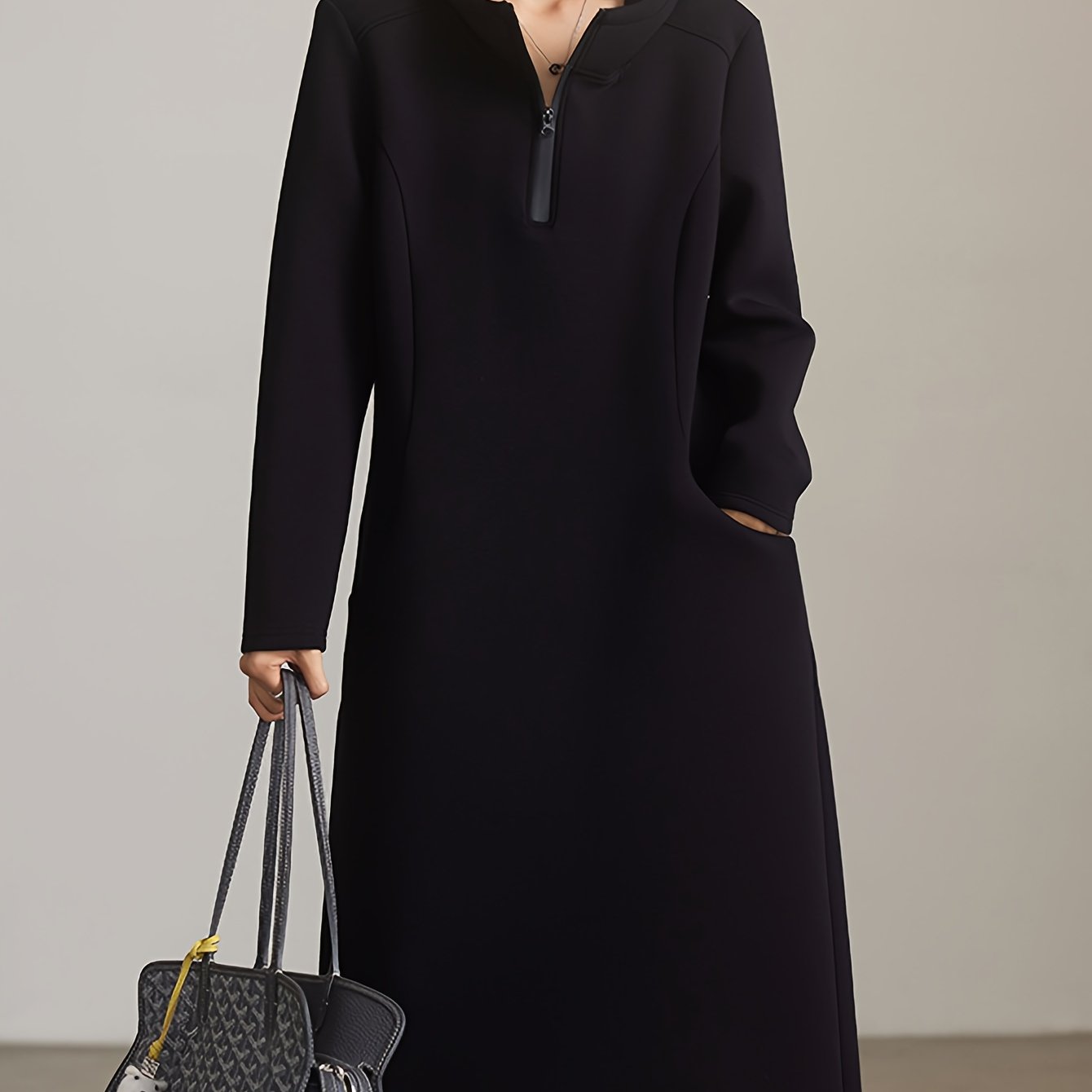 Plus Size, Casual Hooded Black Dress for Women - 2025 New Arrival Loose Fit Long Skirt European Style Plus Size Clothing