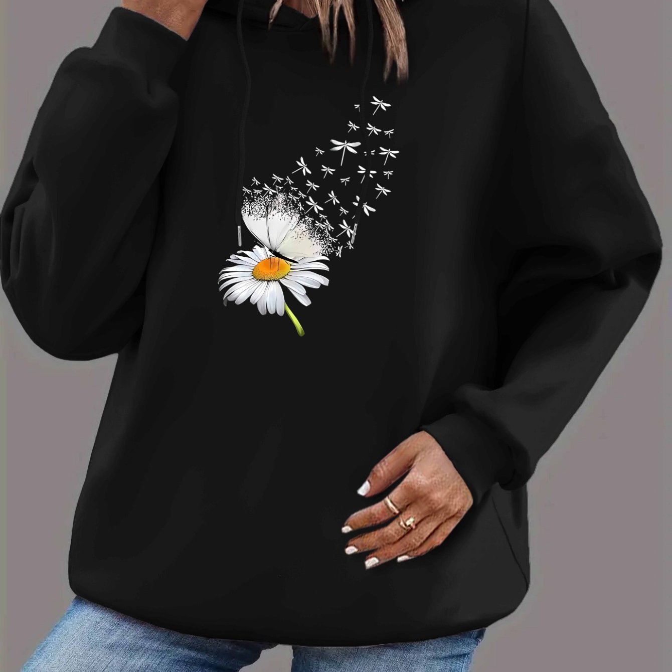 Women'S Casual Floral Print Hoodie, Polyester Knit Fabric, Long Sleeve, with Drawstring Hood, for Fall\u002FWinter