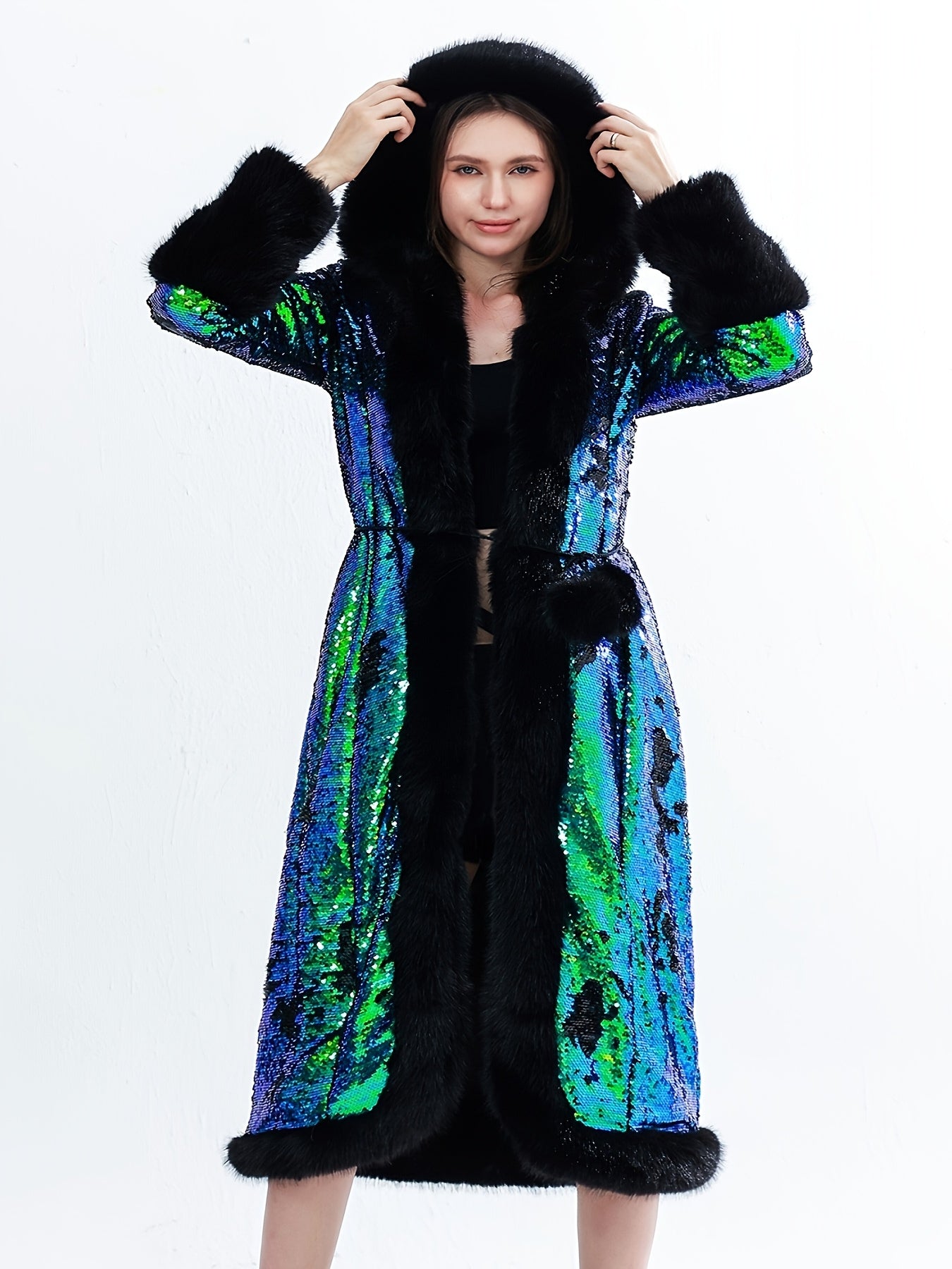 Elegant Sequin Hooded Coat Plus Size Elegant Gradient Green & Black Sequin Hooded Coat - Long Sleeve Winter Coat with Pockets, X-Line Silhouette for Autumn\u002FWinter