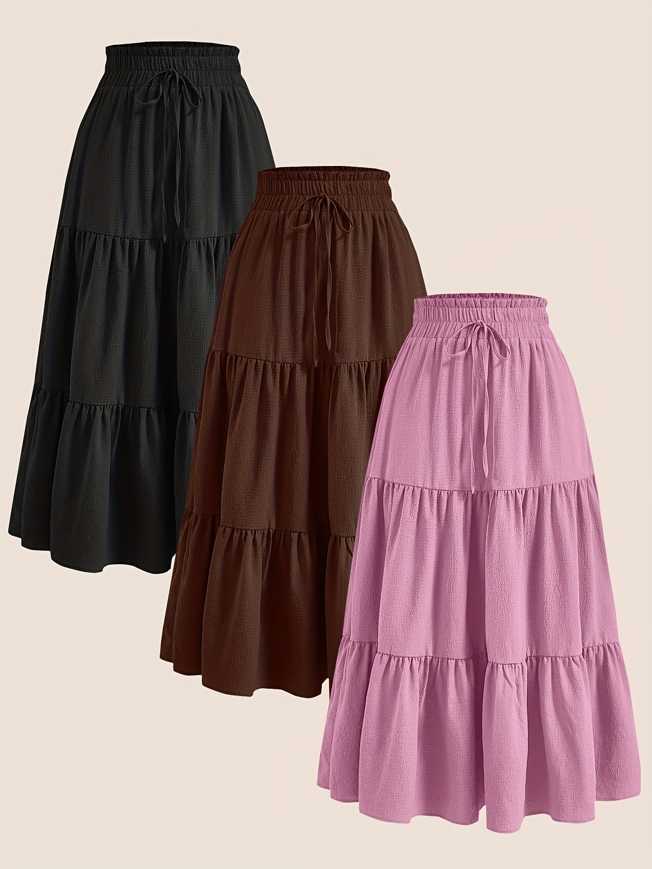 2025 3pcs Women'S Plus Size Pleated Skirts - Comfortable Loose Fit, Solid Color, Mid-Length with Ruffle Detail, Perfect for Spring\u002FSummer,