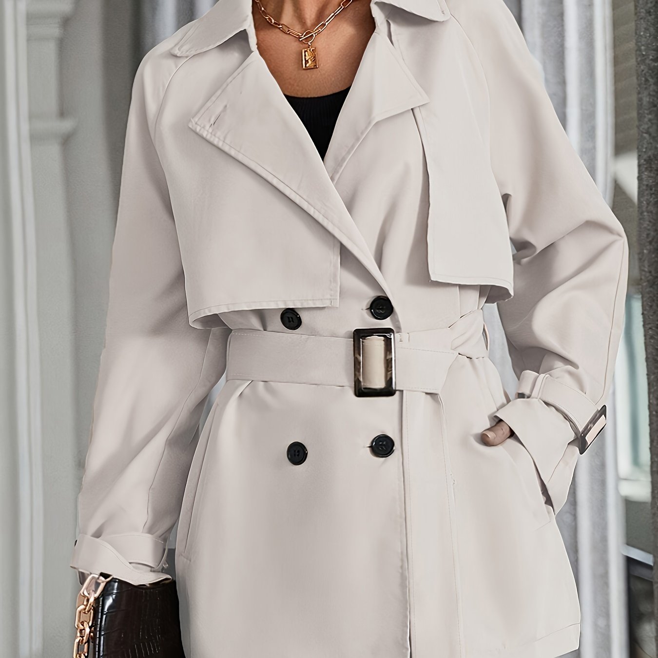 Women's Elegant Double-Breasted Trench Coat with Raglan Sleeves & Belted Waist - Premium Machine-Washable Fabric, Multiple Pockets,