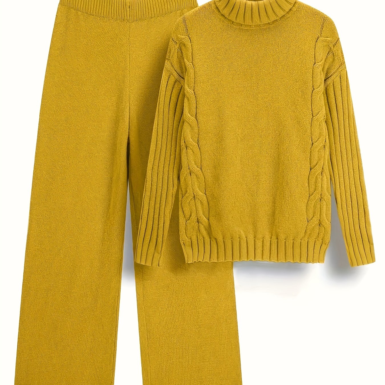 Plus Size - Elegant Mustard Yellow Long Sleeve Pullover Sweater - Half High Neck, Ribbed Texture, Fall\u002FWinter Fashion,