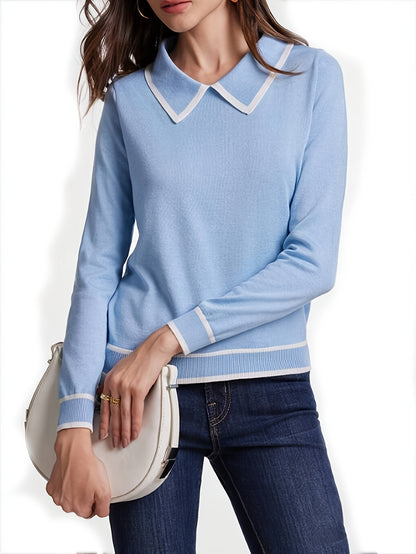 Women's Contrast Trim Casual Sweater - Light Blue & White Contrast Collar & Sleeve Trim, High Elasticity Sleeve Pullover,