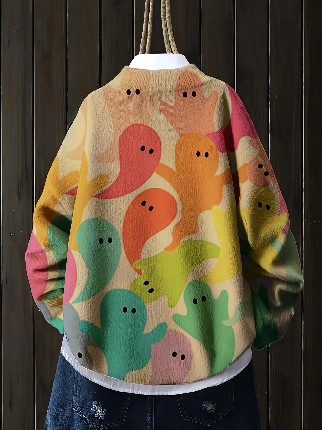 Plus Size Geometric Sweater Polyester Plus Size Women's Colorful Geometric Print Pullover Sweater | Cozy Long Sleeve, Stand Collar, Loose Fit,