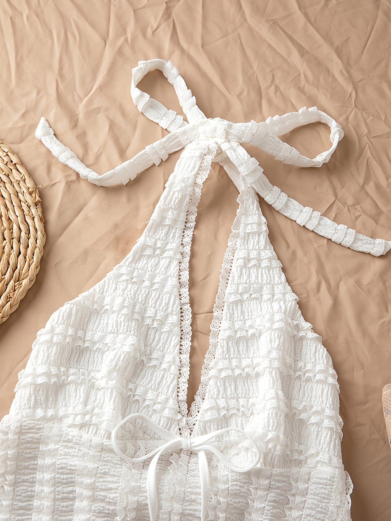 Women's Sleeveless Halter Neck Backless Top with Lace-Like Ruffle Detail & Bow Accent - Medium Stretch Casual Shirt