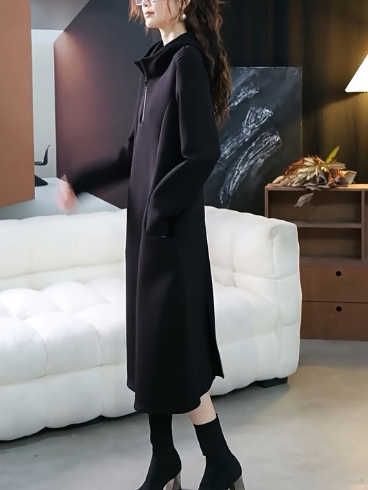 Plus Size, Casual Hooded Black Dress for Women - 2025 New Arrival Loose Fit Long Skirt European Style Plus Size Clothing