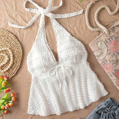 Women's Sleeveless Halter Neck Backless Top with Lace-Like Ruffle Detail & Bow Accent - Medium Stretch Casual Shirt