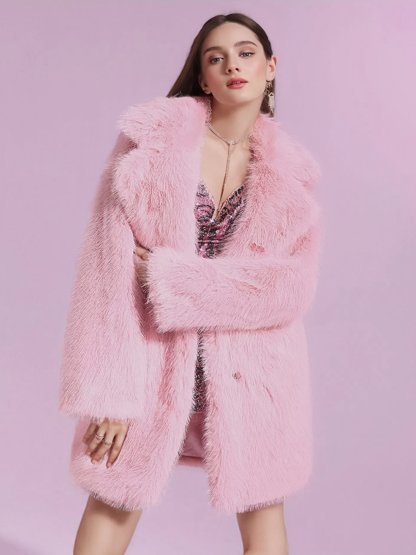 Women'S Plus Size Faux Fur Coat - Stylish Pink, Long Sleeve, Mid-Length, Flannel-Lined, Warm & Cozy Winter Coat with Pockets, Elegant Lapel Collar, Perfect for Commuting & Casual Attire, Winter Coat | Stylish Winter Coat | Faux Fur Lined Coat