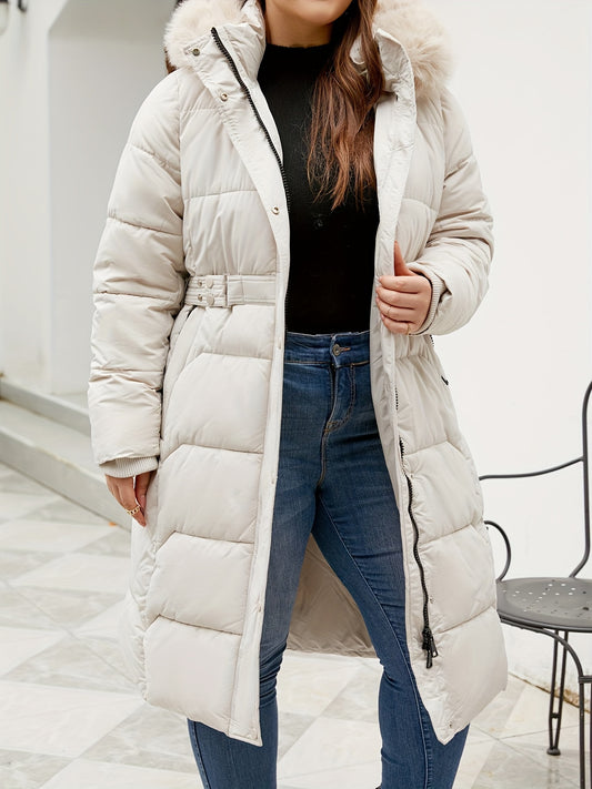 Elegant Winter Coat Elegant Women's Plus Size Winter Coat | Hooded Mid-Length Trench Coat with Belted Waist & Side Pockets, 100% Polyester, Black, Hand Wash Only for Autumn Winter Casual & Formal Outfits