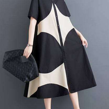 Japanese-Inspired Casual Chic Geometric Print A-Line Dress - Black & White Contrast, Relaxed Fit Long Sleeve, Button Detail,
