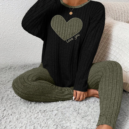Plus Size Heart Fitted Long Sleeve And Long Pants Loungewear Set