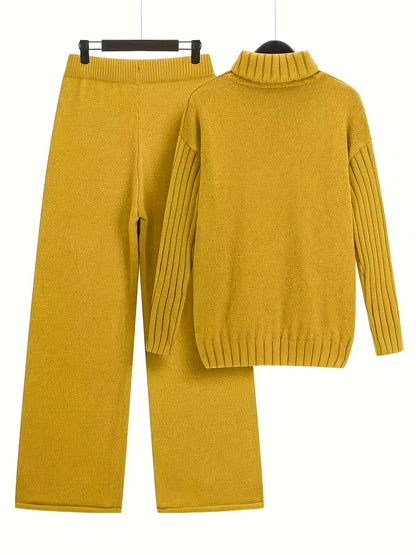 Plus Size - Elegant Mustard Yellow Long Sleeve Pullover Sweater - Half High Neck, Ribbed Texture, Fall\u002FWinter Fashion,
