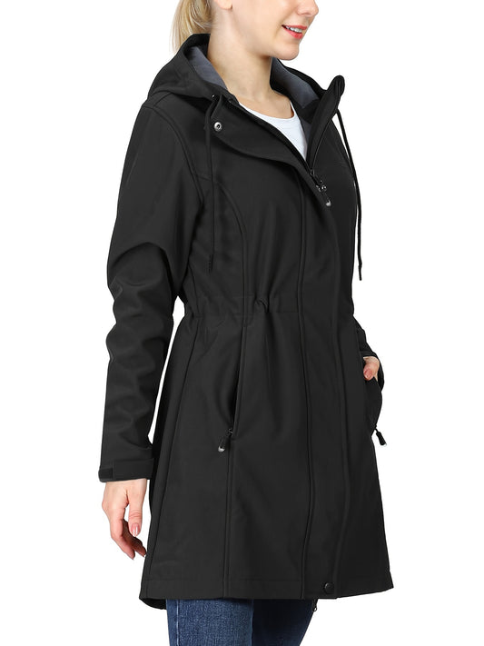Women'S 33,000ft Windproof Softshell Long Jacket with Hood - Fleece Lined, Zippered Front,
