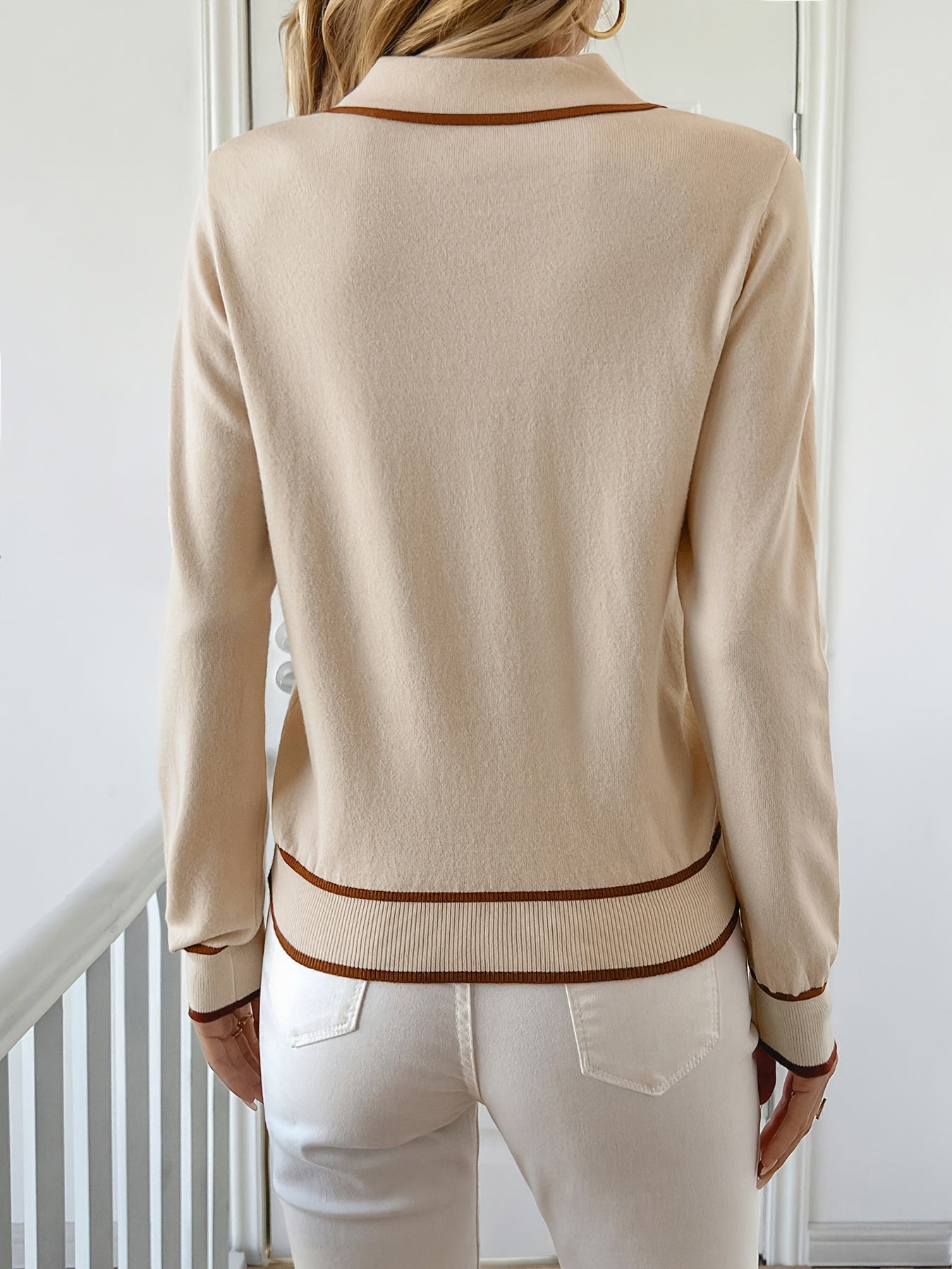 Women's Contrast Trim Casual Sweater - Light Blue & White Contrast Collar & Sleeve Trim, High Elasticity Sleeve Pullover,