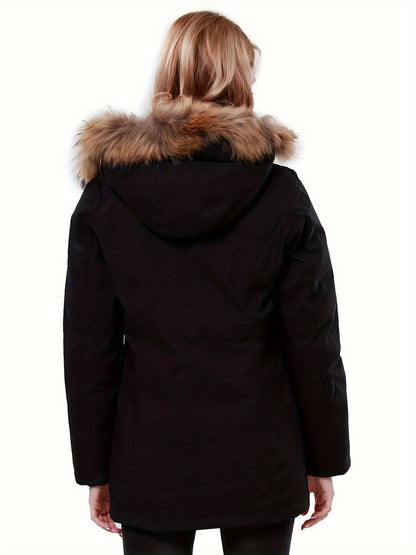 Women's Thickened Winter Thermal Puffer Jacket With Flap Pocket, Windproof Lightweight Long Sleeve Casual Parka Coat