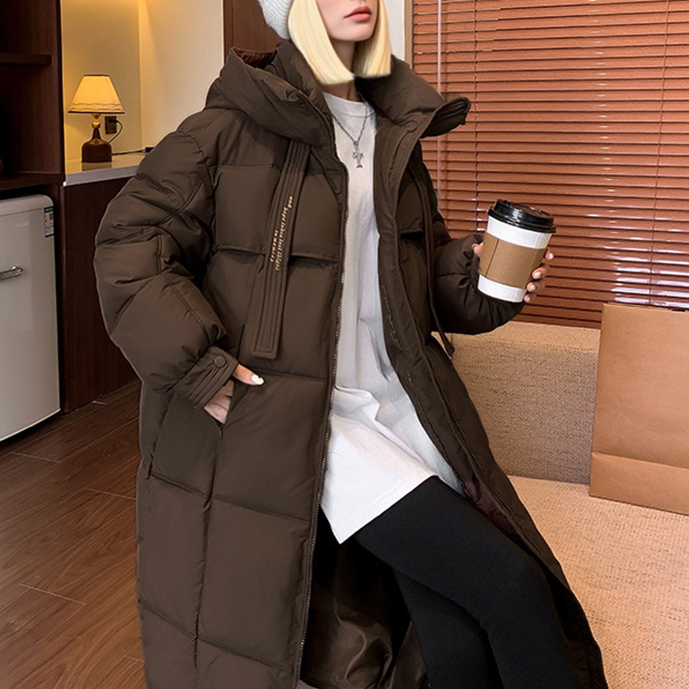 Women'S Winter Thickened Padded Coat - Long Over-the-Knee Length, Loose Fit Mid-Length Jacket with Pockets, Warm Casual Outerwear for Cold Weather, Beige Solid Color, Cozy Warmth & Easy Care (No Belt Required)