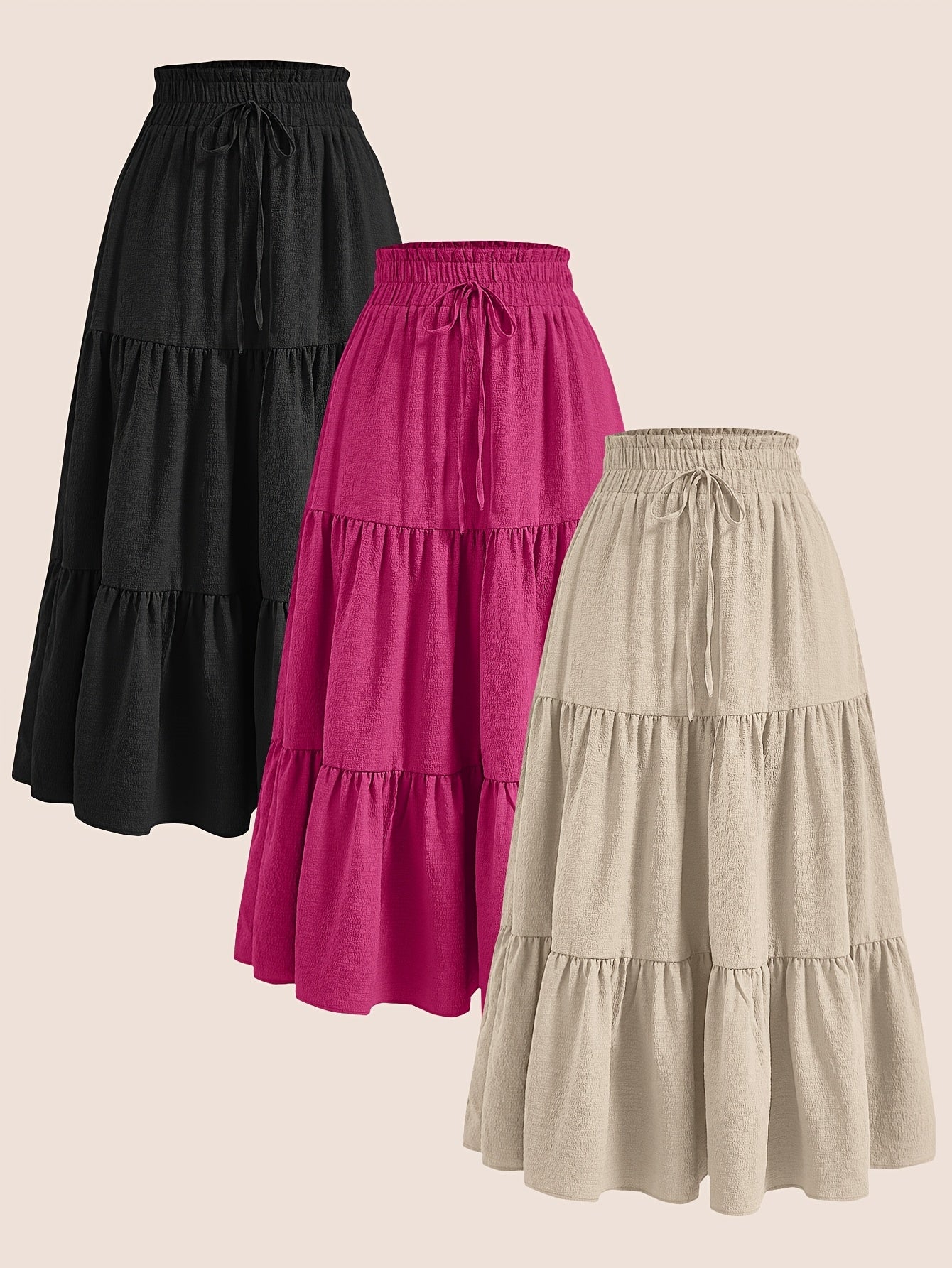 2025 3pcs Women'S Plus Size Pleated Skirts - Comfortable Loose Fit, Solid Color, Mid-Length with Ruffle Detail, Perfect for Spring\u002FSummer,
