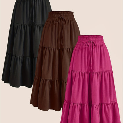2025 3pcs Women'S Plus Size Pleated Skirts - Comfortable Loose Fit, Solid Color, Mid-Length with Ruffle Detail, Perfect for Spring\u002FSummer,