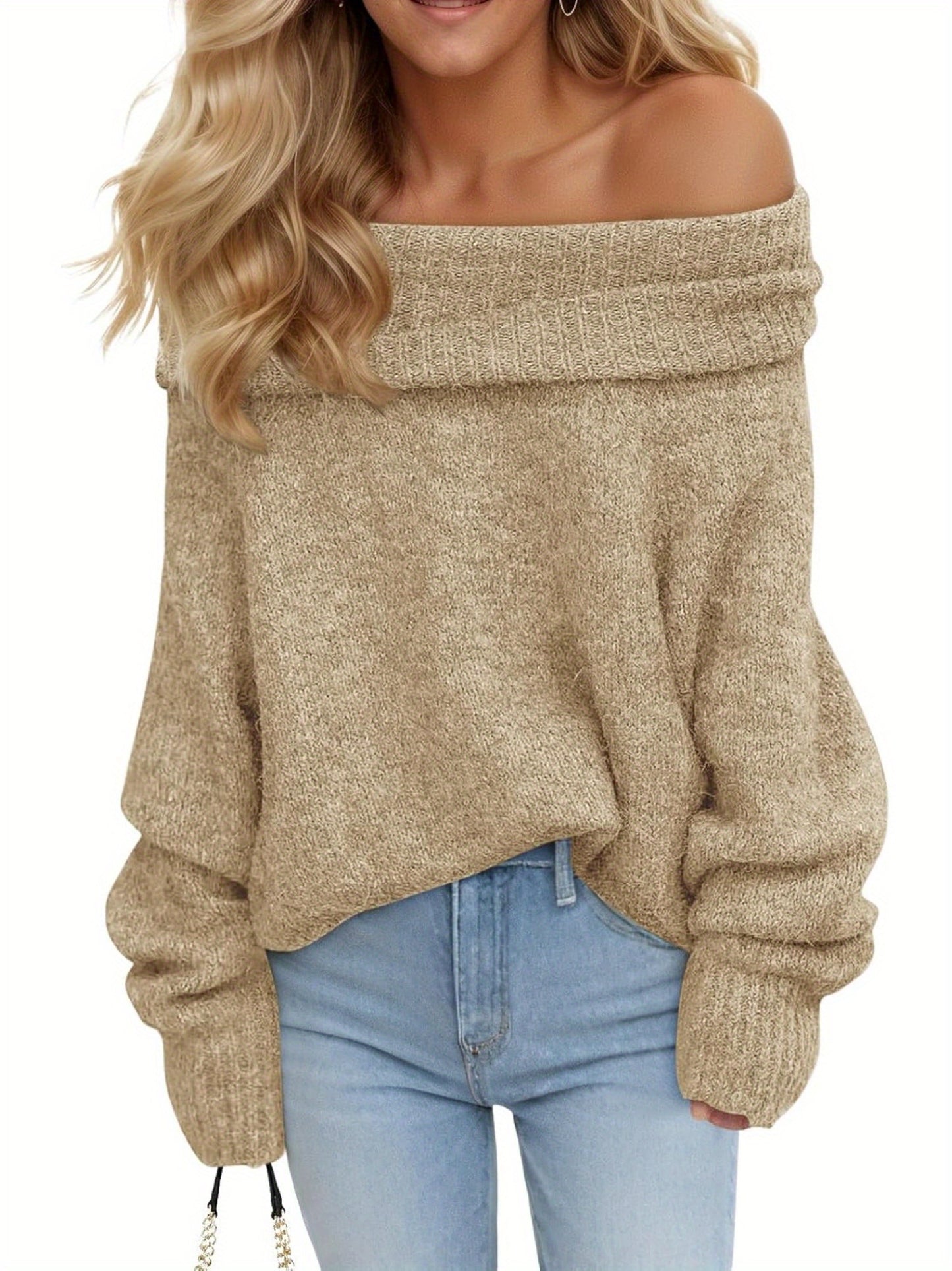 Women'S Sexy Off-the-Shoulder Pullover Sweater - Chic Fall\u002FWinter Sweater with Ruffled Edges, Non-See-Through Fabric for Parties,