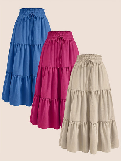 2025 3pcs Women'S Plus Size Pleated Skirts - Comfortable Loose Fit, Solid Color, Mid-Length with Ruffle Detail, Perfect for Spring\u002FSummer,