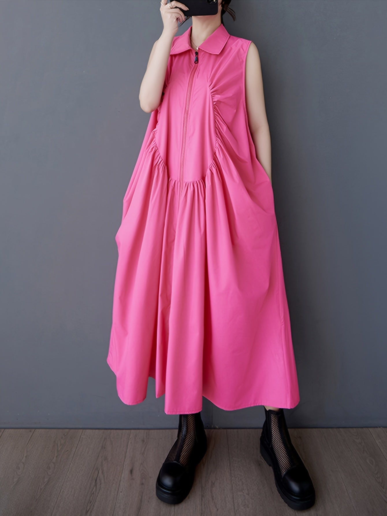 Bright Pink Sleeveless Collared Maxi Dress with Pleated Chest & Zipper Detail - Casual Loose Fit for Women, Machine Washable, Versatile Fashion | Sleeveless Maxi | Nonelastic Fabric