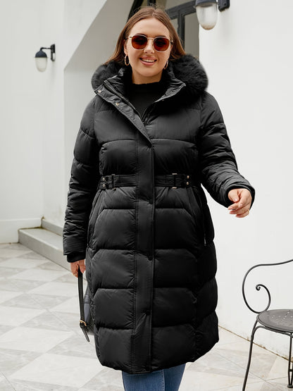 Elegant Winter Coat Elegant Women's Plus Size Winter Coat | Hooded Mid-Length Trench Coat with Belted Waist & Side Pockets, 100% Polyester, Black, Hand Wash Only for Autumn Winter Casual & Formal Outfits