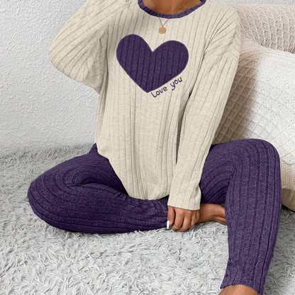 Plus Size Heart Fitted Long Sleeve And Long Pants Loungewear Set