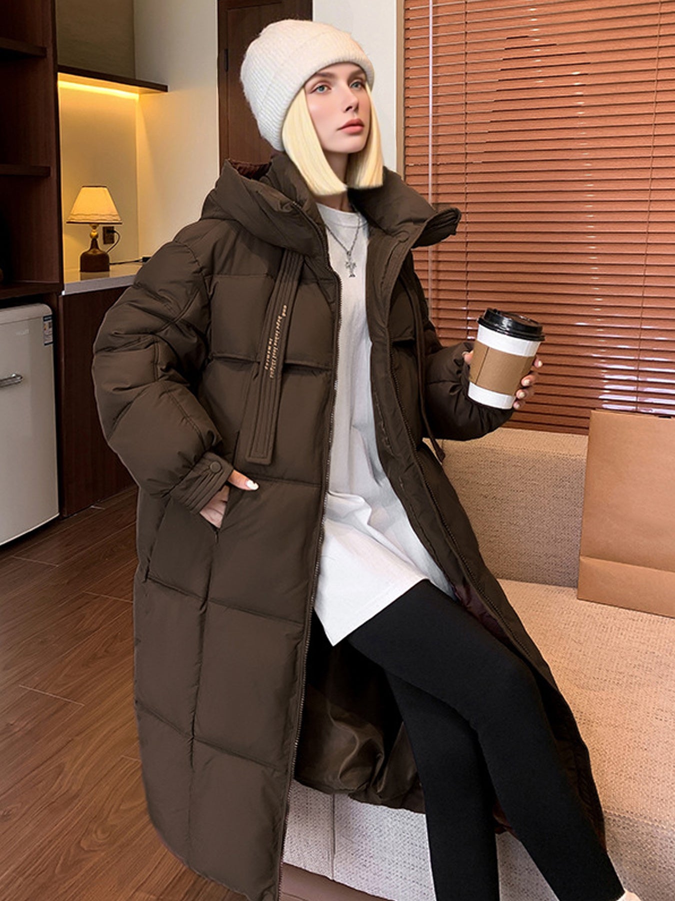 Women'S Winter Thickened Padded Coat - Long Over-the-Knee Length, Loose Fit Mid-Length Jacket with Pockets, Warm Casual Outerwear for Cold Weather, Beige Solid Color, Cozy Warmth & Easy Care (No Belt Required)