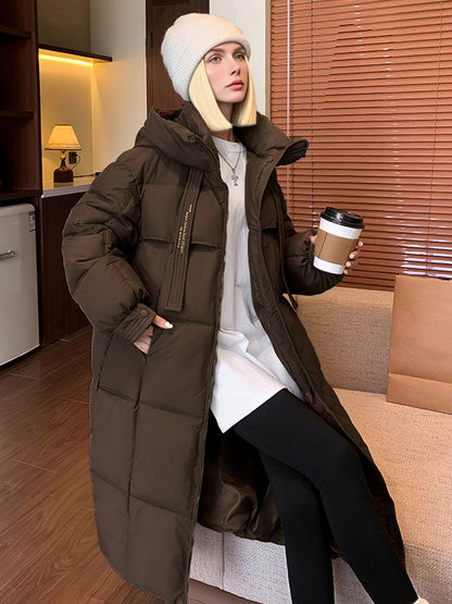 Women'S Winter Thickened Padded Coat - Long Over-the-Knee Length, Loose Fit Mid-Length Jacket with Pockets, Warm Casual Outerwear for Cold Weather, Beige Solid Color, Cozy Warmth & Easy Care (No Belt Required)