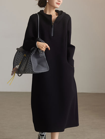 Plus Size, Casual Hooded Black Dress for Women - 2025 New Arrival Loose Fit Long Skirt European Style Plus Size Clothing