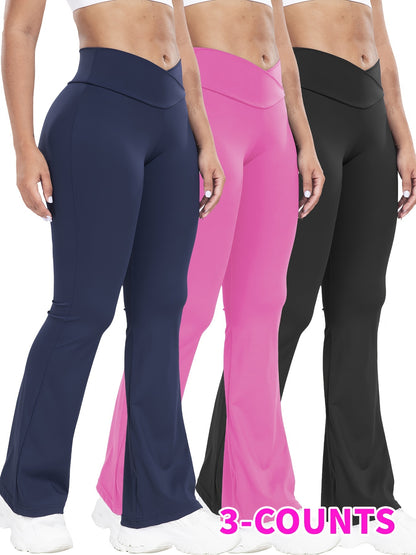 Stretchy 3-Pack High-Waisted Yoga Pants - Cross Waistband Flare Leg Sports Tights with Tummy Control and Butt Lifting