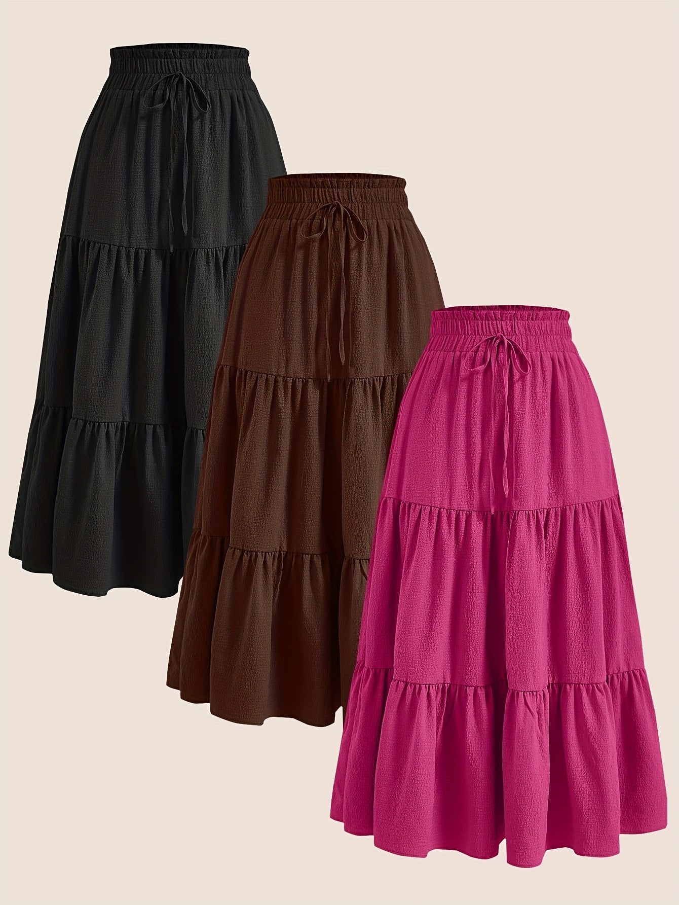 2025 3pcs Women'S Plus Size Pleated Skirts - Comfortable Loose Fit, Solid Color, Mid-Length with Ruffle Detail, Perfect for Spring\u002FSummer,