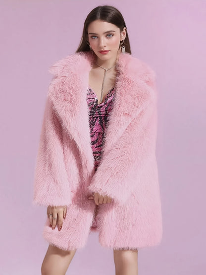Women'S Plus Size Faux Fur Coat - Stylish Pink, Long Sleeve, Mid-Length, Flannel-Lined, Warm & Cozy Winter Coat with Pockets, Elegant Lapel Collar, Perfect for Commuting & Casual Attire, Winter Coat | Stylish Winter Coat | Faux Fur Lined Coat