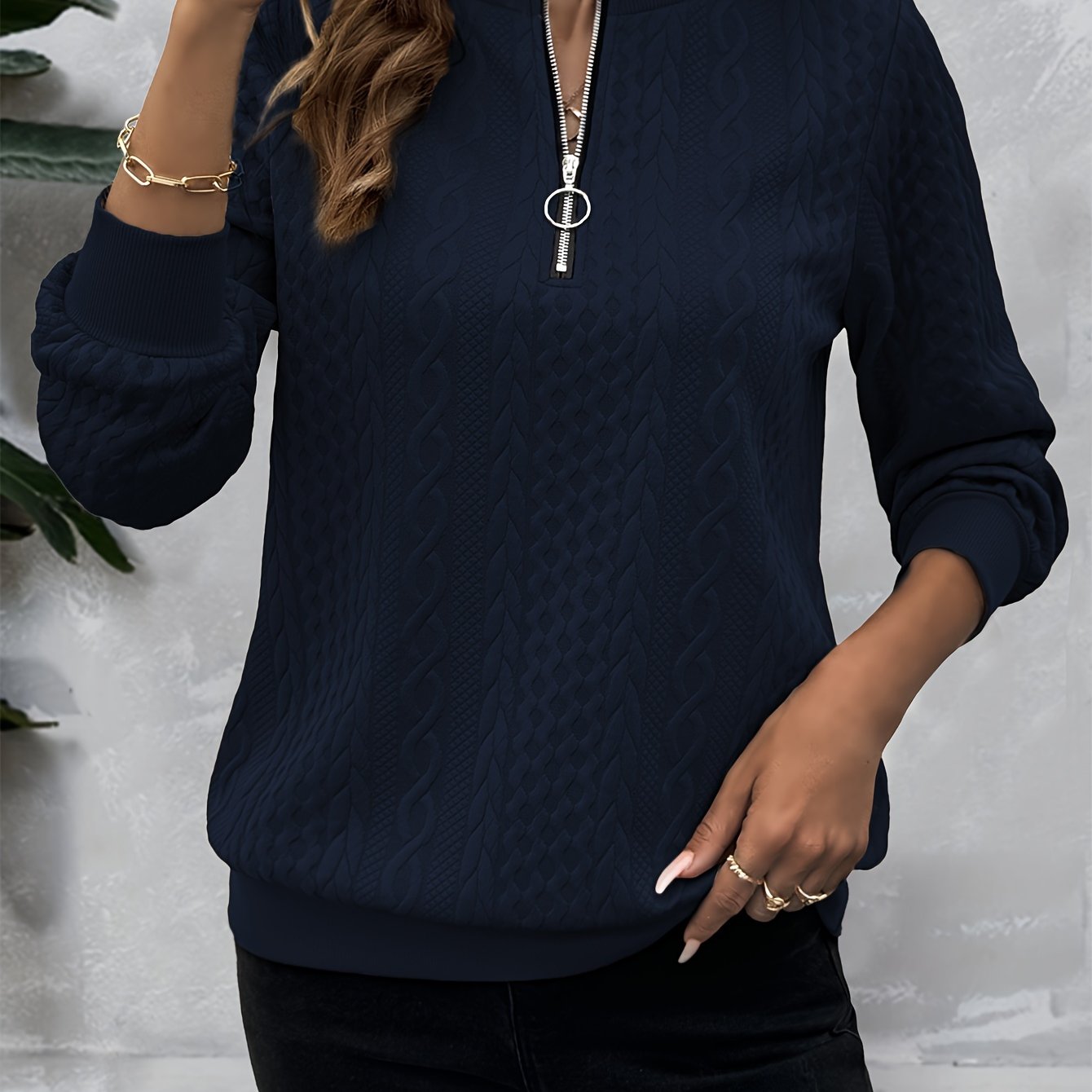 Casual Sweatshirt Casual Textured Half Zipper Pullover Sweatshirt | Women's Long Sleeve Sweatshirt For Fall & Spring
