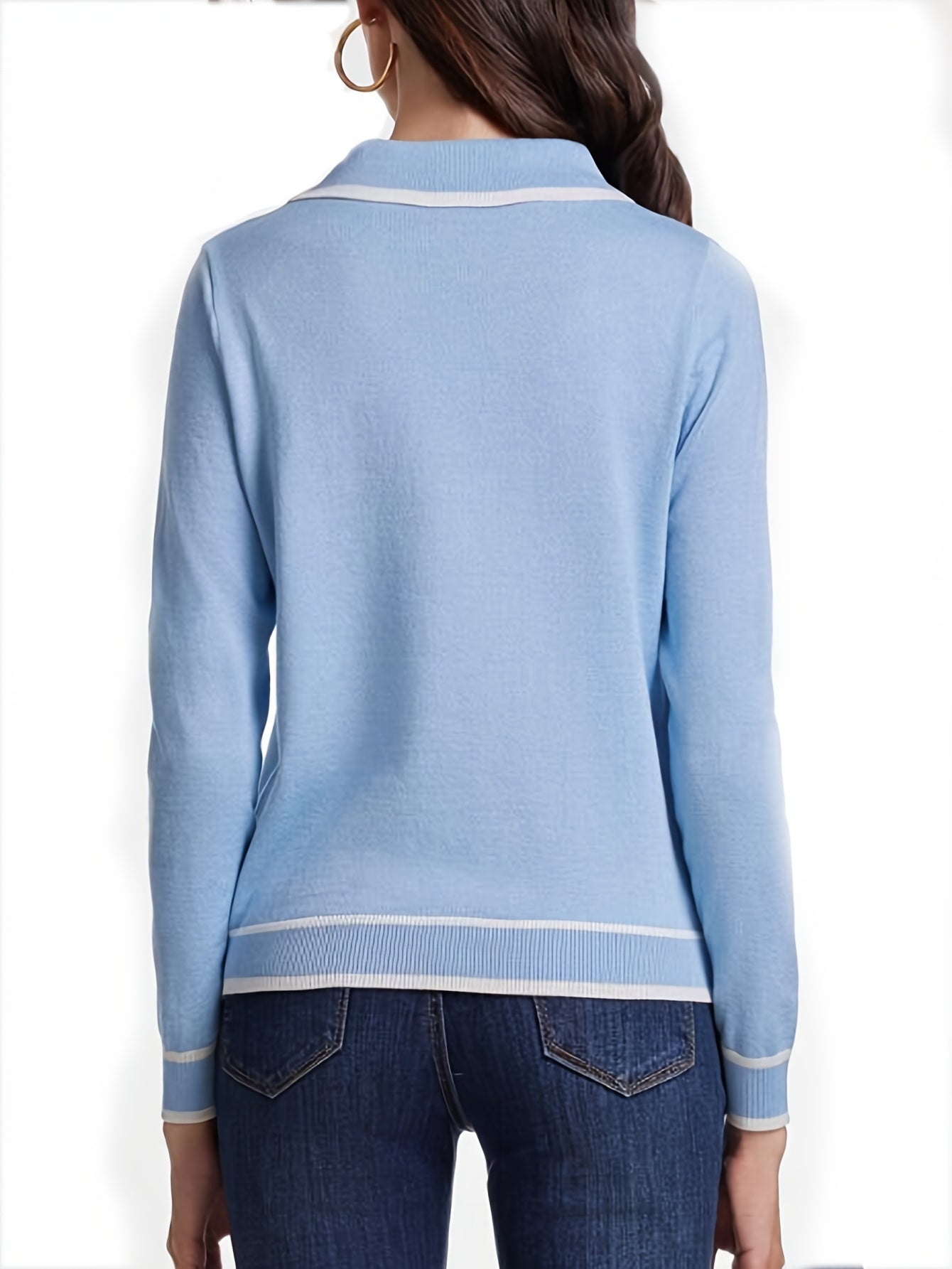 Women's Contrast Trim Casual Sweater - Light Blue & White Contrast Collar & Sleeve Trim, High Elasticity Sleeve Pullover,