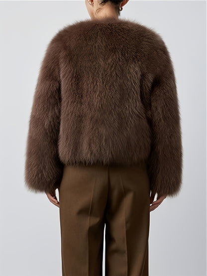 Elegant Long Sleeve Faux Fur Coat for Women - Solid Color, Fluffy Long Cardigan with Button Details, Perfect for Fall\u002FWinter, Stylish Brown Outerwear, Stylish Long Cardigan | Chic Outerwear | Plush Texture