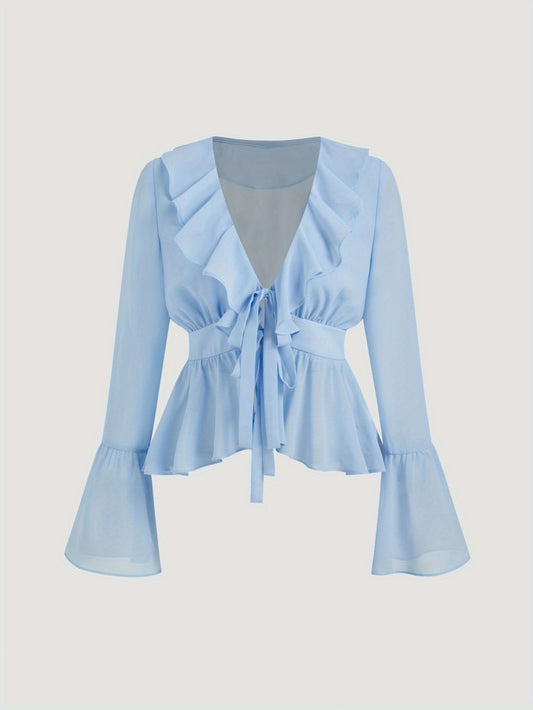 Women's Light Blue Blouse - Non-Stretchy Elegant office & party Tops, Floral event Dresses, Spring\u002FFall Chic Outfits