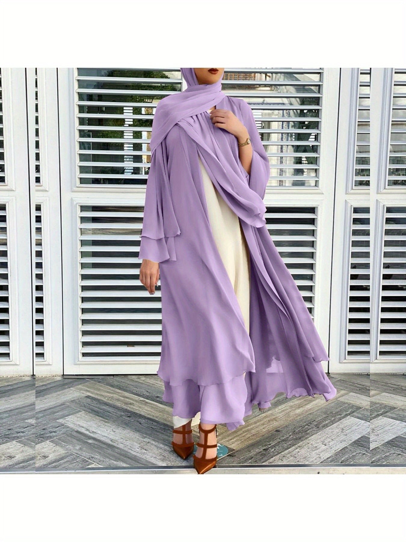 Women'S Elegant Muslim Caedigan Belt Outwear Shirt - Soft Chiffon Long Layered Cardigan with Open Front,