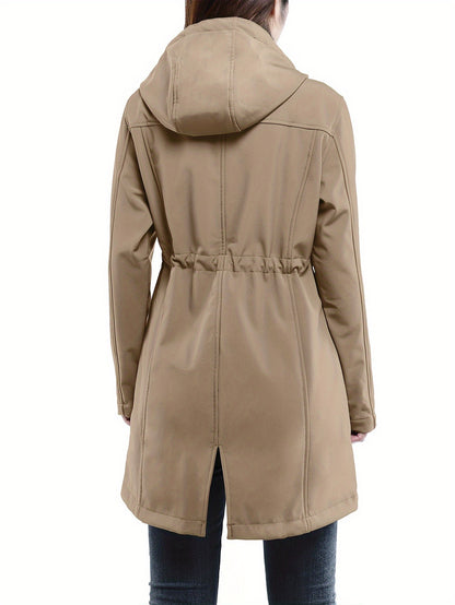 Women'S 33,000ft Windproof Softshell Long Jacket with Hood - Fleece Lined, Zippered Front,